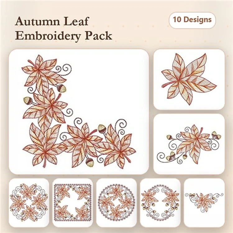 Rippled Autumn Leaves Embroidery Designs Bundle – Leaf Corner with Acorns, Single Autumn Leaf, & More (10 Designs)