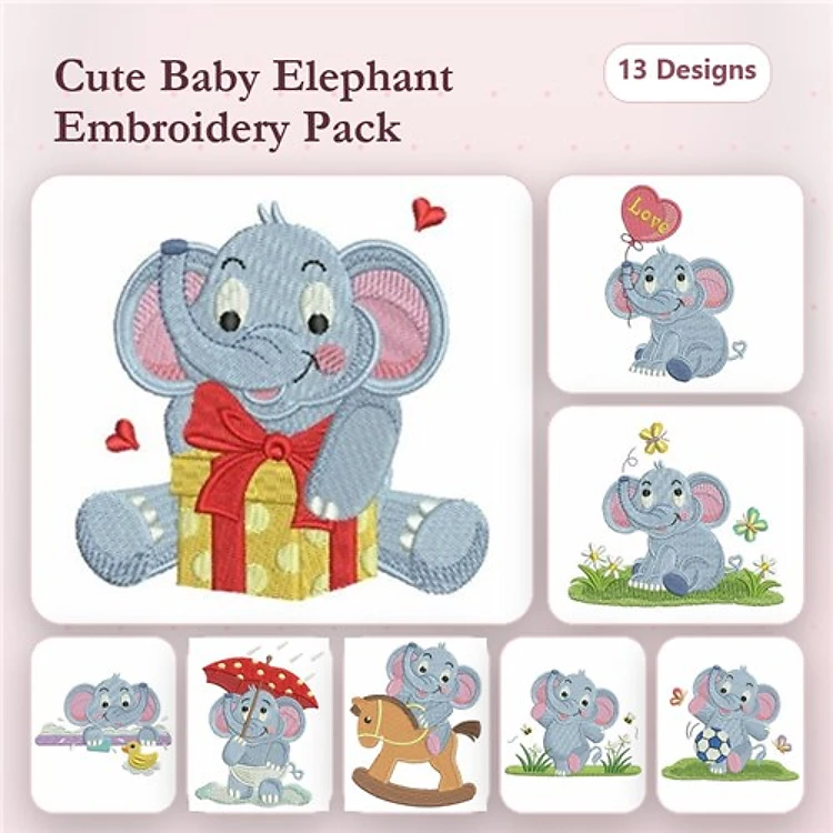 Cute Baby Elephants Embroidery Designs Bundle – Elephant with Gift, Heart Balloon, Flowers & More (13 Designs)