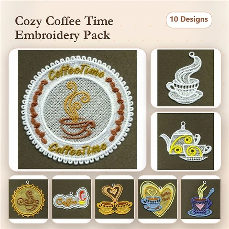 FSL Coffee-themed Embroidery Designs Bundle – Coffee Cup with Swirls, Teapot with Cups, Heart Latte Art & More (10 Designs)