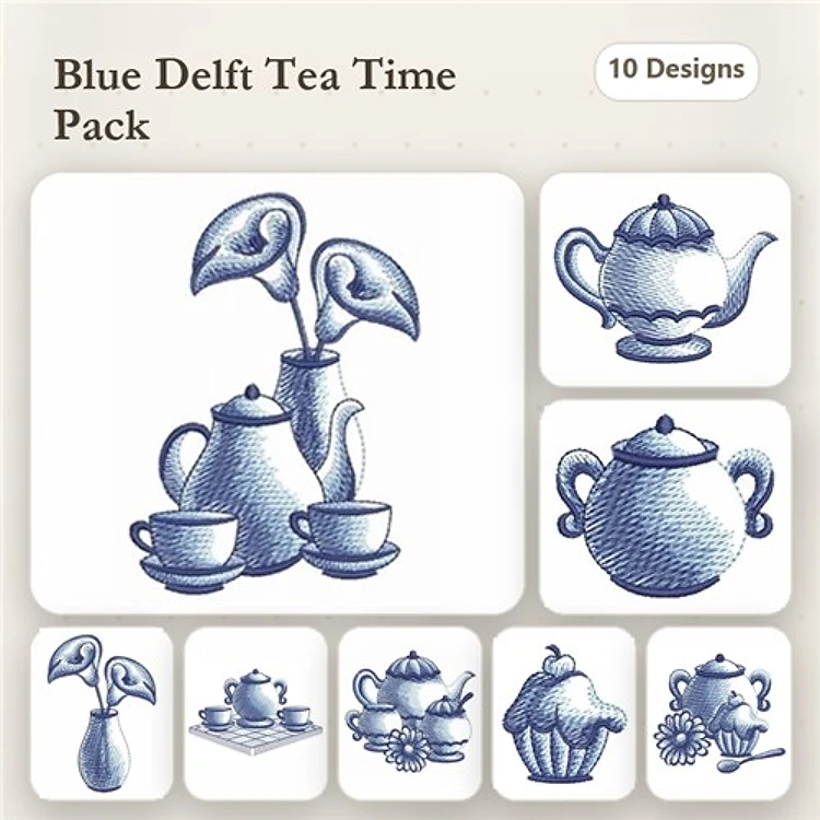 Tea Time Embroidery Designs Bundle – Teapot with Flowers, Teacup and Saucer, Cupcake & More (10 Designs)