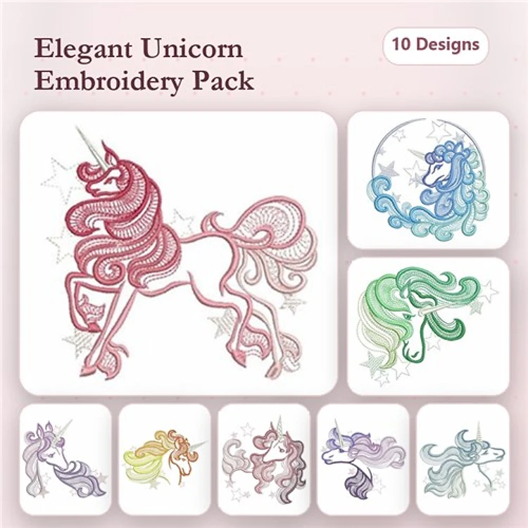 Elegant Unicorn Embroidery Designs Bundle – Elegant Unicorn with Red Mane, Elegant Dancing Unicorn & More (10 Designs)