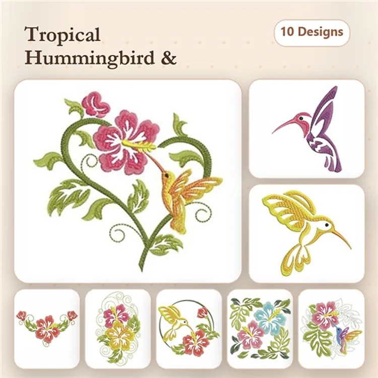 Hummingbird & Tropical Flower Embroidery Designs Bundle – Tropical Hummingbird and Floral Heart, Hummingbird in Flight & More (10 Designs)
