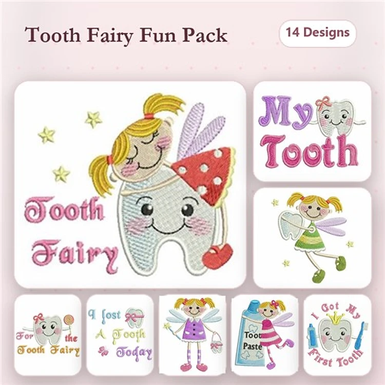Tooth Fairy Embroidery Designs Bundle – Tooth Fairy with Tooth, I Lost a Tooth Today, Got My First Tooth & More (14 Designs)