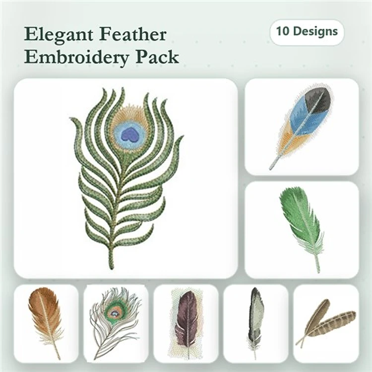 Peacock Feather Embroidery Bundle – Peacock Feather, Green Feather, Blue Feather & More (10 Designs)
