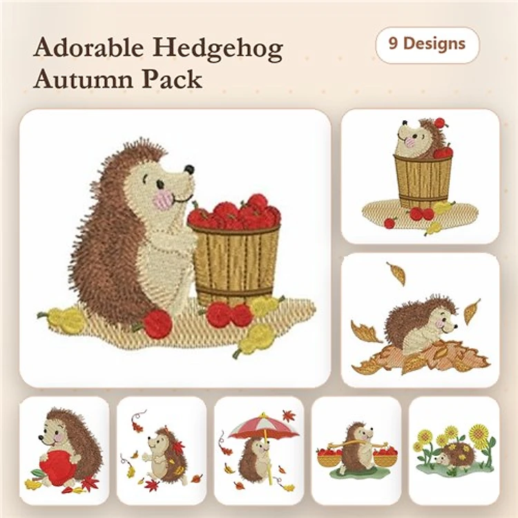 Hedgehogs Embroidery Bundle – Hedgehog with Apples, Hedgehog with Pumpkin, Hedgehog Holding an Umbrella & More (9 Designs)