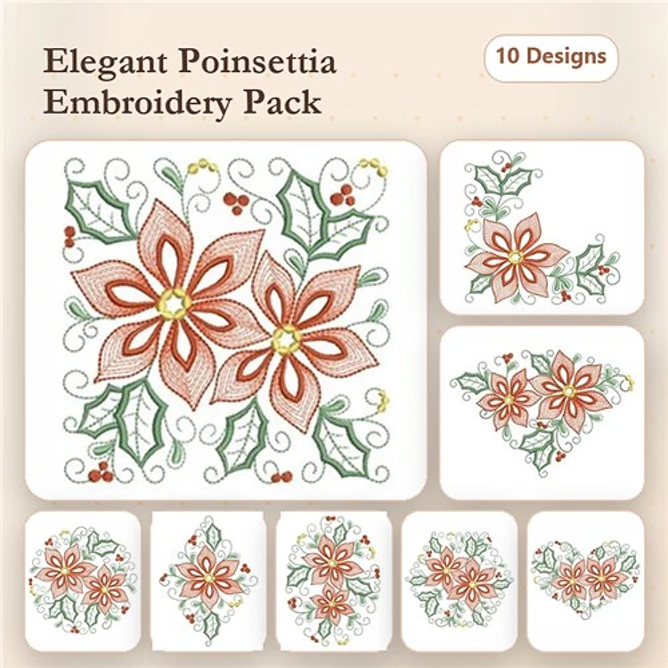 Poinsettia Floral Embroidery Designs Bundle – Elegant Poinsettia with Leaves, Poinsettia Frame & More (10 Designs)