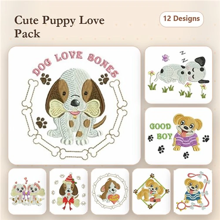 Cute Puppy Embroidery Bundle – Dog Love & Good Boy (12 Designs)