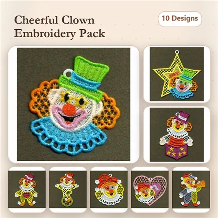 FSL Cheerful Clown Embroidery Designs Bundle – Clown Face Ornament, Clown with Balloons, & More (10 Designs)