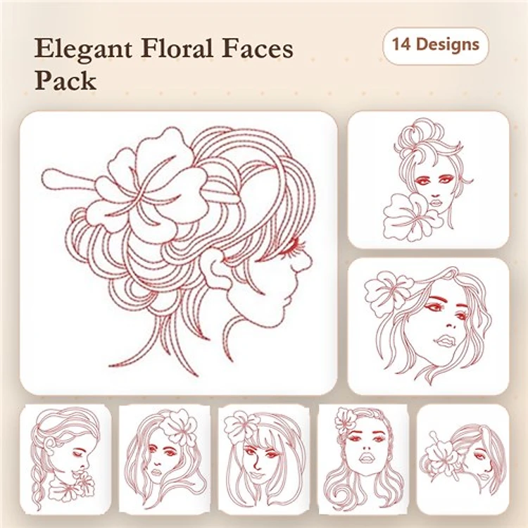 Redwork Elegant Floral Face Embroidery Designs Bundle – Floral Face with Hair Bun, Flower Adorned Face & More (14 Designs)