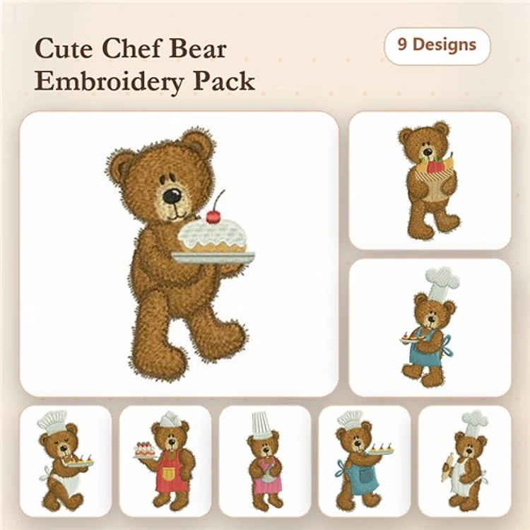Cute Chef Bear Embroidery Designs Bundle – Chef Bear with Cake, Frying Pan, Apron & More (9 Designs)