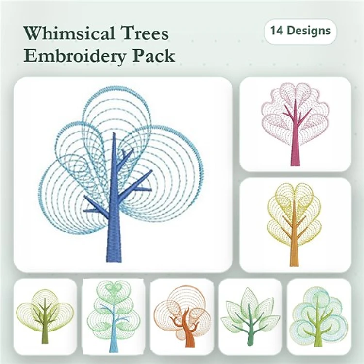 Rippled Whimsical Trees Embroidery Designs Bundle – Round Rippled Tree, Spiral Tree, Leafy Rippled Tree & More (14 Designs)