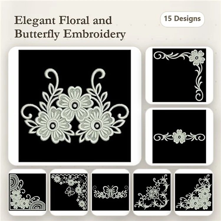 Floral and Butterfly Embroidery Designs Bundle – Floral Bouquet, Butterfly Accent, Floral Corner & More (15 Designs)