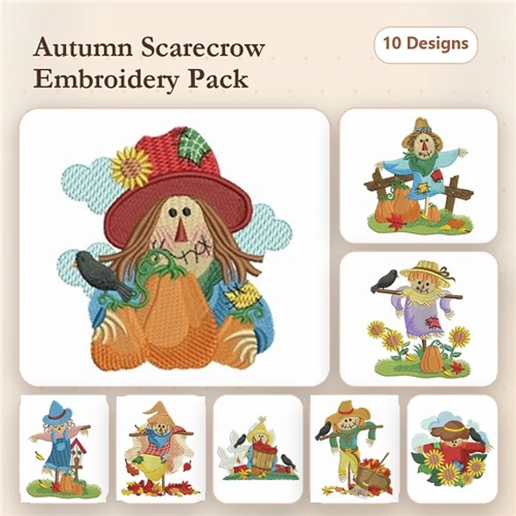 Autumn Scarecrow Embroidery Designs Bundle – Scarecrow with Crows, Scarecrow in Pumpkin Patch, & More (10 Designs)