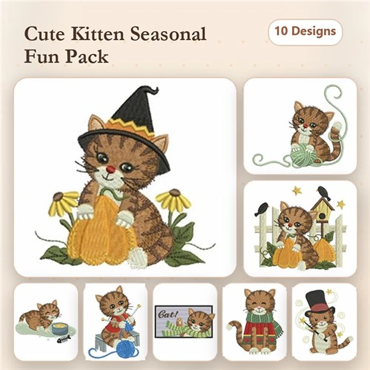 Cute Kitten Seasonal Embroidery Designs Bundle – Kitten with Pumpkin, Kitten with Flowers, Kitten in a Top Hat & More (10 Designs)