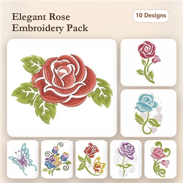 Elegant Rose Embroidery Designs Bundle – Red Rose, Pink Rose, Butterfly with Rose & More (10 Designs)