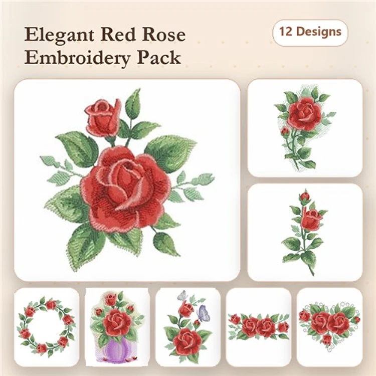 Red Rose Embroidery Bundle – Elegant Red Rose, Rose Bouquet in Vase, Red Rose Wreath & More (12 Designs)