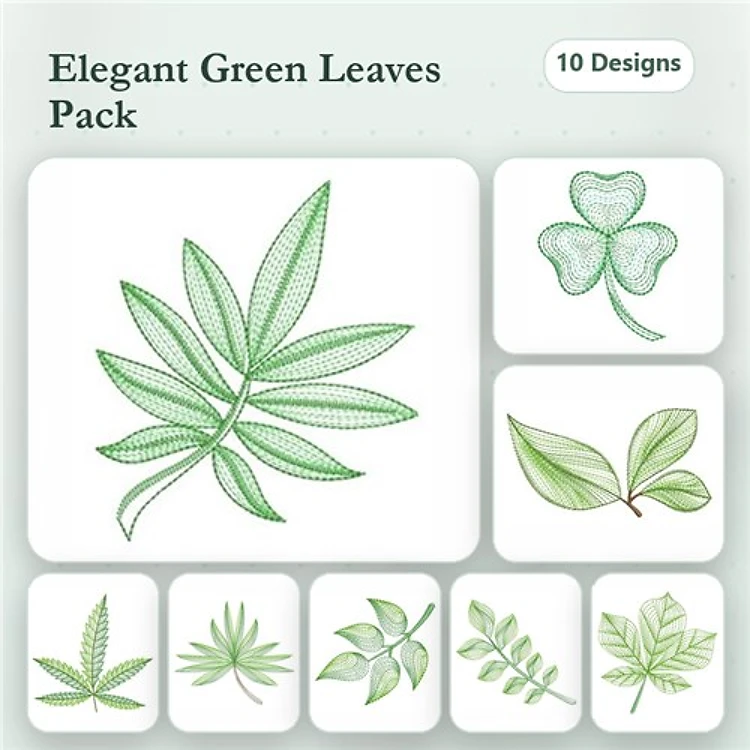 Rippled Elegant Green Leaves Embroidery Designs Bundle – Large Leaf, Clover Leaf, Fiddle Leaf & More (10 Designs)