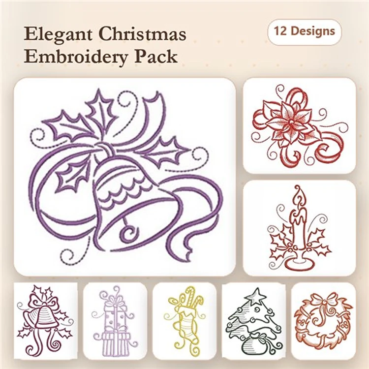 Redwork Elegant Christmas Embroidery Designs Bundle – Christmas Bell, Poinsettia, Tree & More (12 Designs)