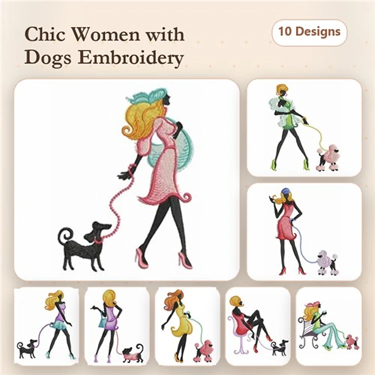 Chic Women with Dogs Embroidery Bundle – Stylish Designs (10 Designs)