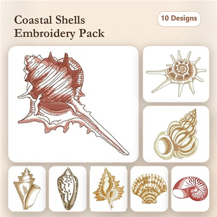 Coastal Shells Embroidery Designs Bundle – Conch Shell, Spiral Seashell, Detailed Shell & More (10 Designs)