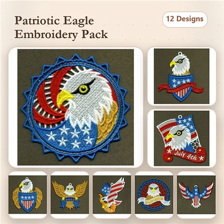 FSL Patriotic Eagle Embroidery Designs Bundle – July 4th Eagle, Eagle with Flag, Eagle Crest & More (12 Designs)
