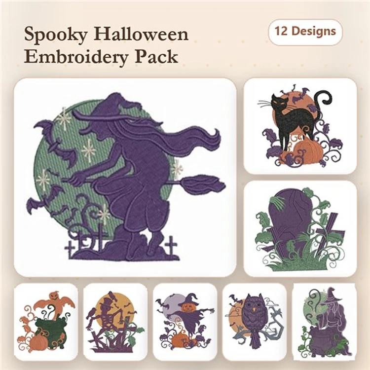 Spooky Halloween Embroidery Designs Bundle – Witch with Broom, Black Cat with Pumpkin, Ghost with Spiderweb & More (12 Designs)