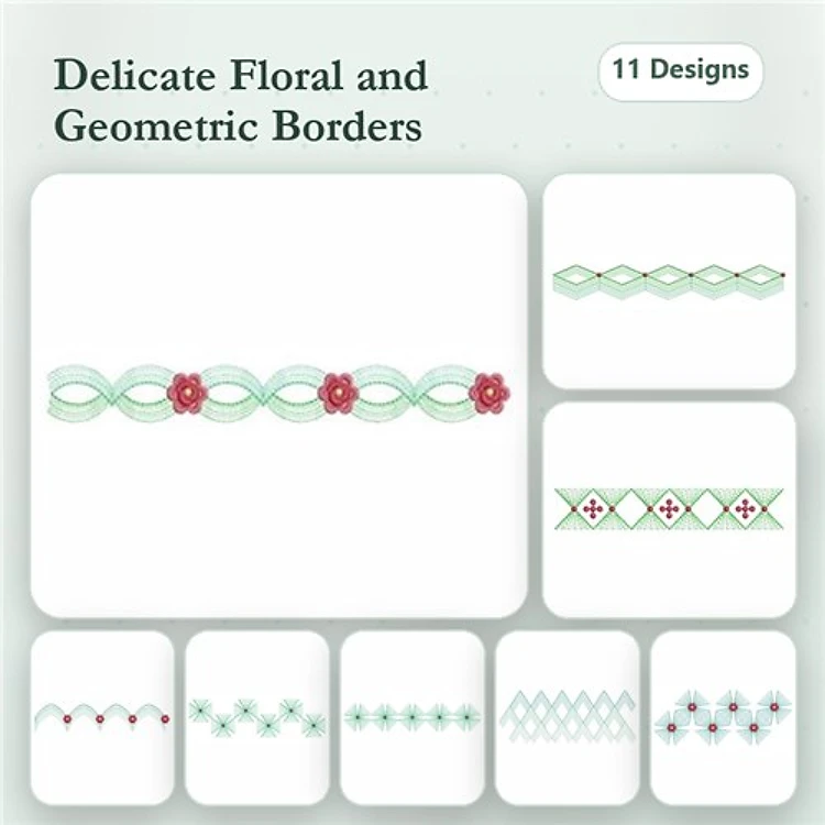 Rippled Floral & Geometric Embroidery Designs Bundle – Delicate Floral Border, Geometric Green Border & More (11 Designs)