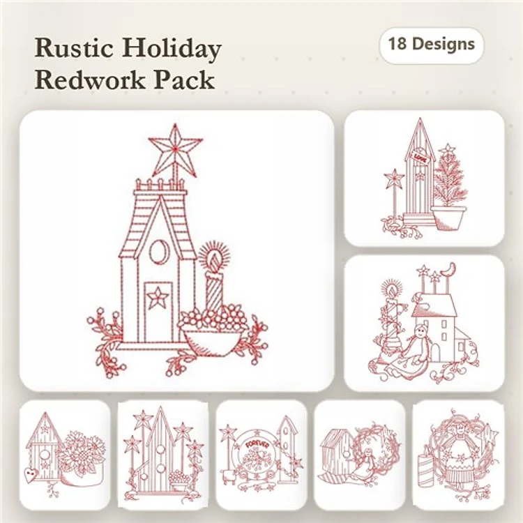 Redwork Rustic Holiday Embroidery Designs Bundle – Birdhouse with Star, Christmas Tree, Sleigh with Presents & More (18 Designs)