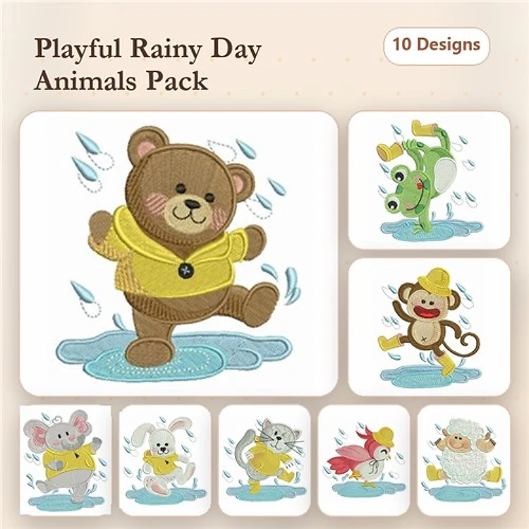 Playful Rainy Day Animal Embroidery Bundle – Adorable Designs (10 Designs)