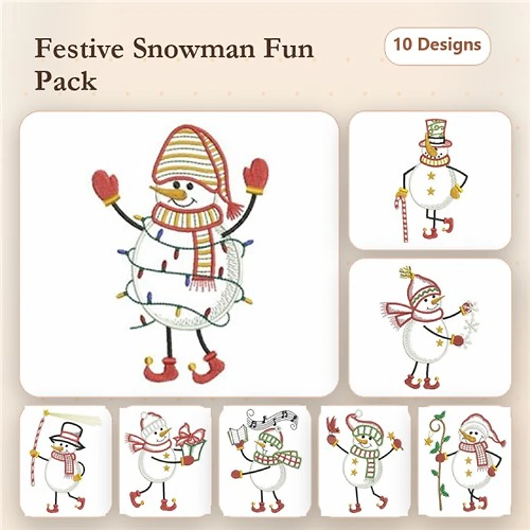 Snowman Embroidery Designs Bundle – Snowman with Lights, Snowman with Scarf, Snowman with Hat & More (10 Designs)
