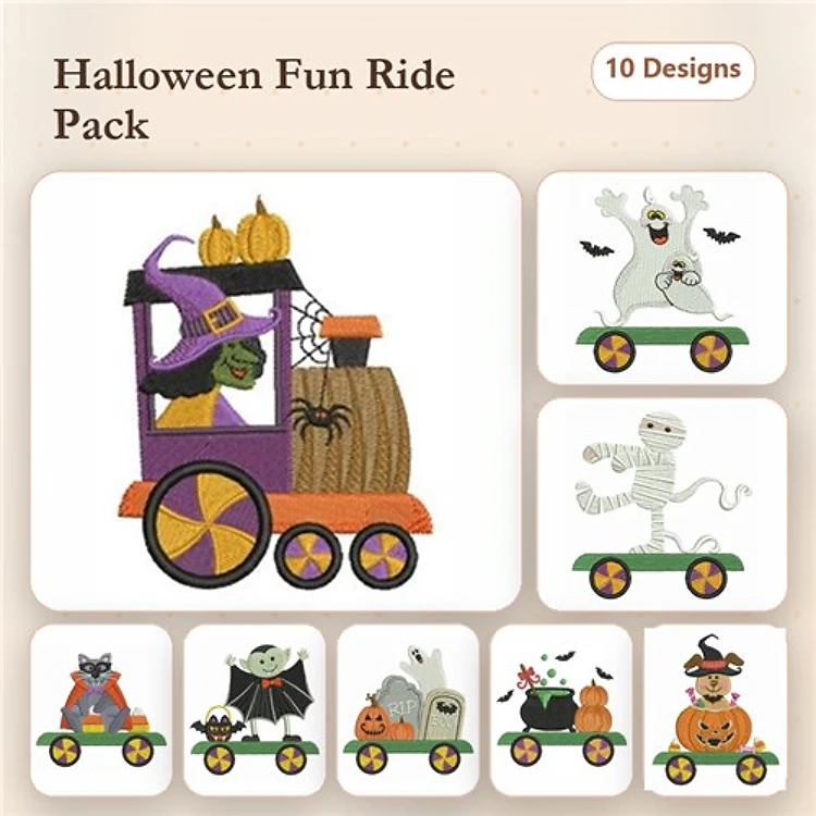 Halloween Train & Characters Embroidery Bundle – Fun Ride Designs (10 Designs)