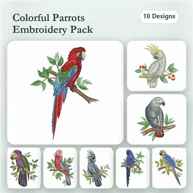 Colorful Parrots Embroidery Designs Bundle – Scarlet Macaw, Cockatoo, Gray Parrot & More (10 Designs)