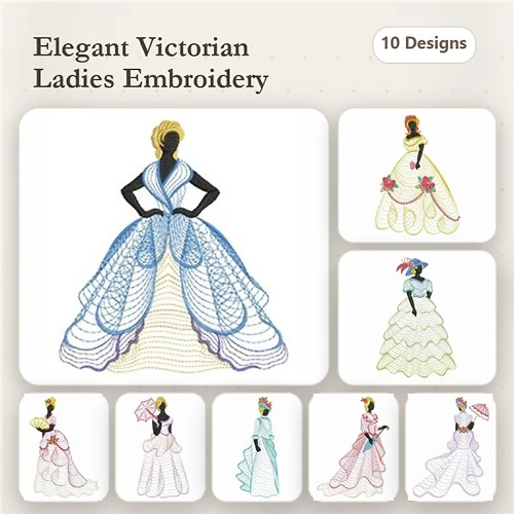 Victorian Ladies Embroidery Designs Bundle – Blue Dress, Pink Hat, Green Dress & More (10 Designs)