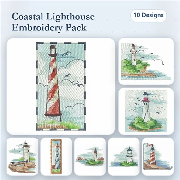Coastal Lighthouse Embroidery Designs Bundle – Striped Lighthouse, Lighthouse with Clouds, Lighthouse Reflection & More (10 Designs)