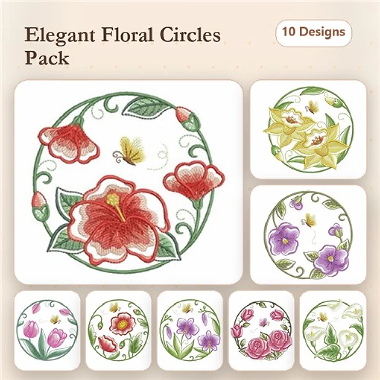 Floral Circle Embroidery Designs Bundle – Red Floral Circle, Yellow Floral Circle, Tulip Floral Circle & More (10 Designs)