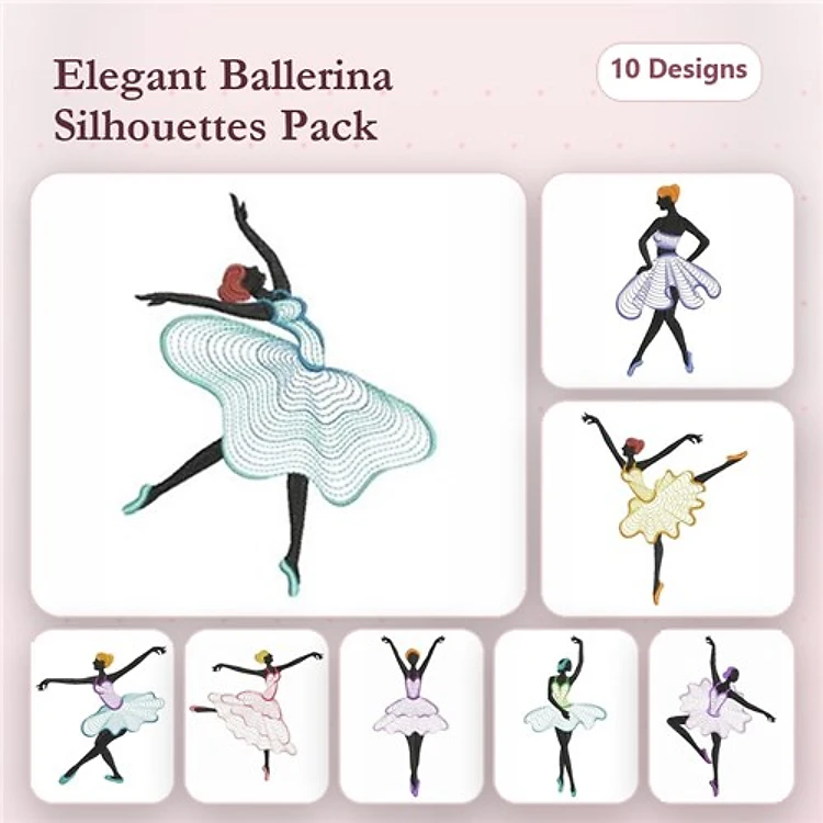 Rippled Ballerina Silhouettes Embroidery Designs Bundle – Dance Pose, Pink Dress, Arms Up & More (10 Designs)