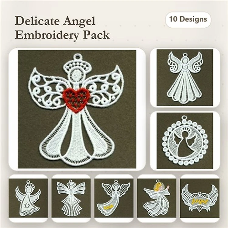 FSL Angel Embroidery Bundle – Ornament with Heart, Delicate Angel, Ornate Silhouette & More (10 Designs)