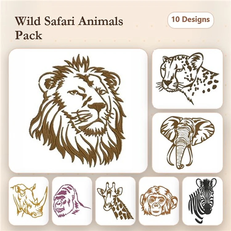 Wild Safari Animals Embroidery Bundle – Lion Head, Leopard Face, Elephant & More (10 Designs)