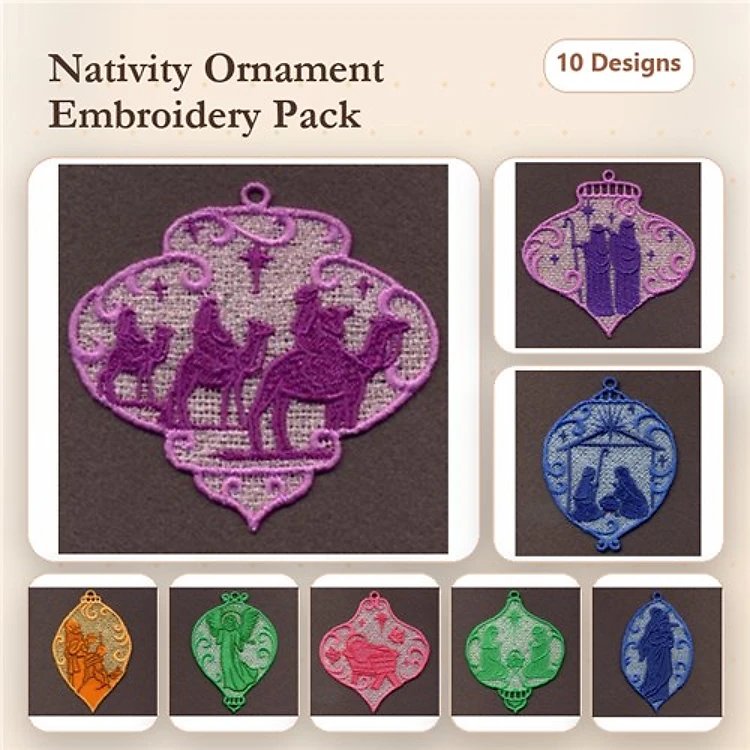 FSL Nativity Ornaments Embroidery Designs Bundle – Three Wise Men, Mary & Joseph, Manger Scene & More (10 Designs)
