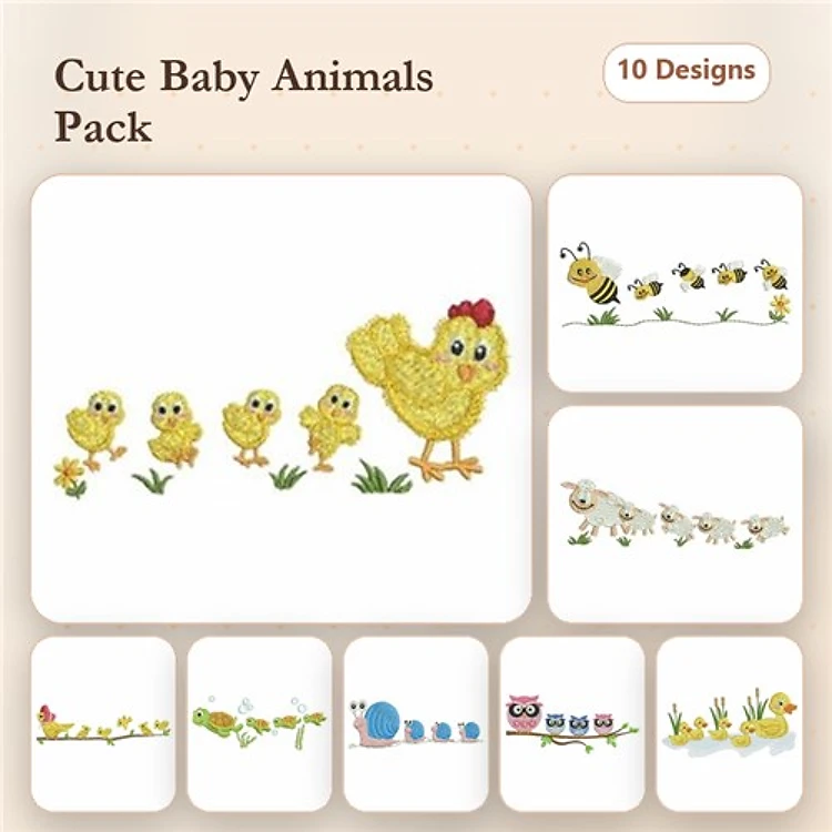 Cute Baby Animals Embroidery Designs Bundle – Chick Family, Busy Bees, Playful Lambs & More (10 Designs)