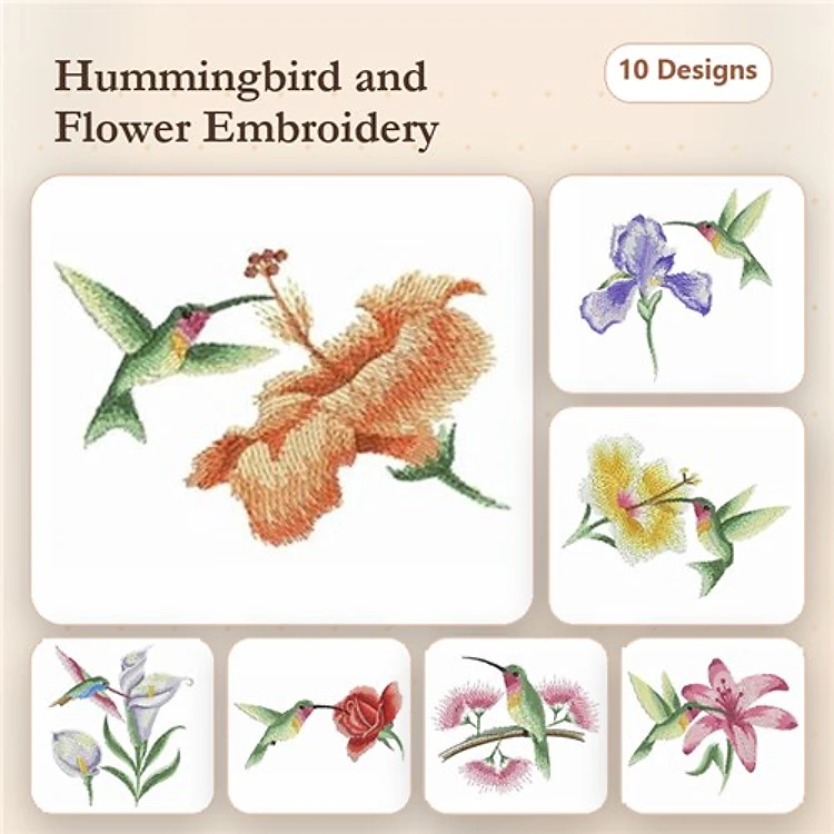 Hummingbirds & Flowers Embroidery Designs Bundle – Hummingbird and Hibiscus, Hummingbird and Orchid, & More (10 Designs)