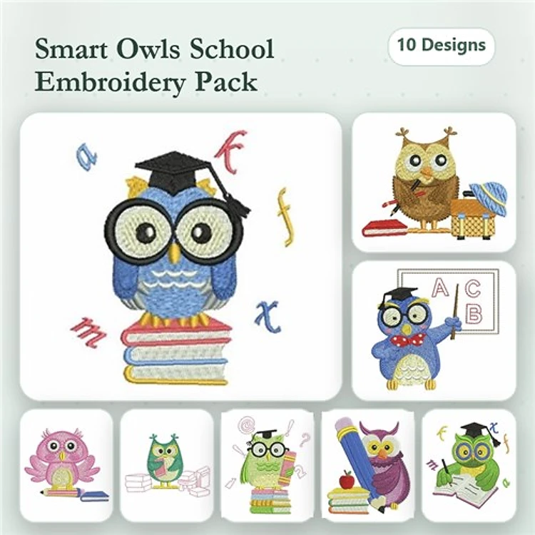 School-Themed Owls Embroidery Bundle – Graduation Owl, Owl with Books, Owl with Pencil & More (10 Designs)