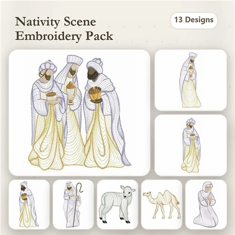 Rippled Nativity Scene Embroidery Designs Bundle – Three Wise Men, Baby Jesus, Shepherd with Sheep & More (13 Designs)
