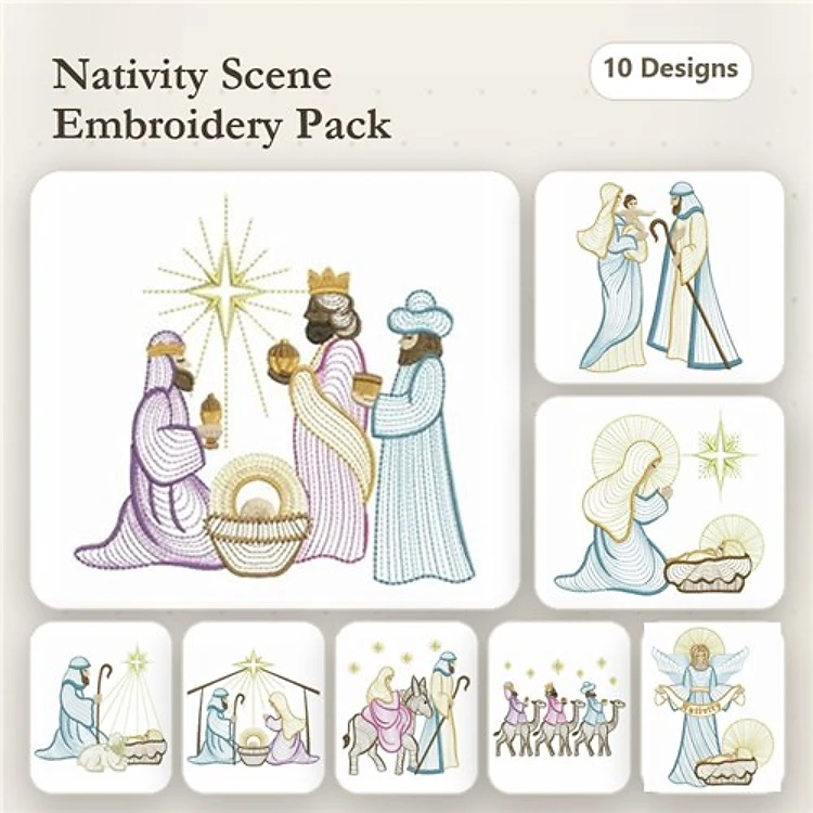 Rippled Nativity Scene Embroidery Designs Bundle – Mary & Baby Jesus, Three Wise Men, Angel & More (10 Designs)