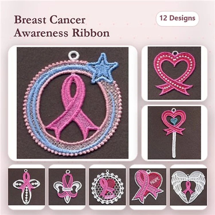 FSL Breast Cancer Awareness Ribbons Embroidery Designs Bundle – Ribbon Ornament, Heart with Ribbon, Star with Ribbon & More (12 Designs)