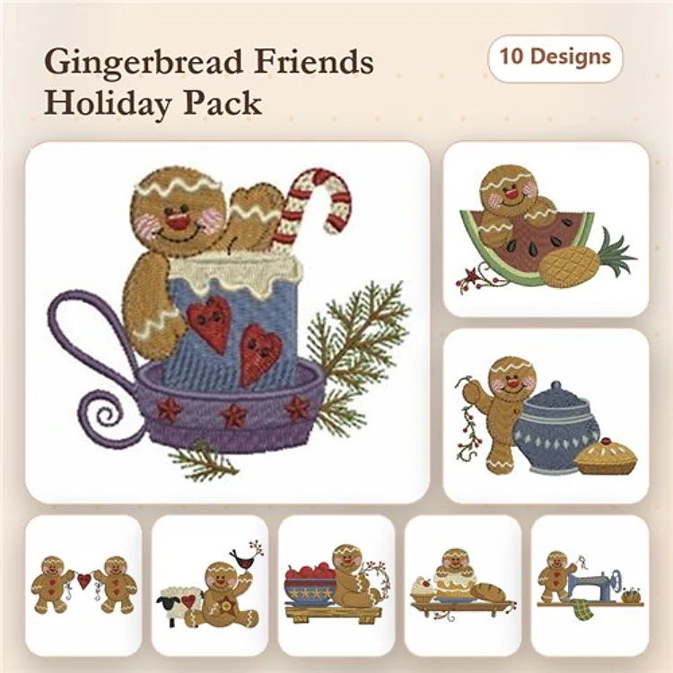 Gingerbread Friend & Mug Embroidery Designs Bundle – Gingerbread Cart, Gingerbread Tree, & More (10 Designs)
