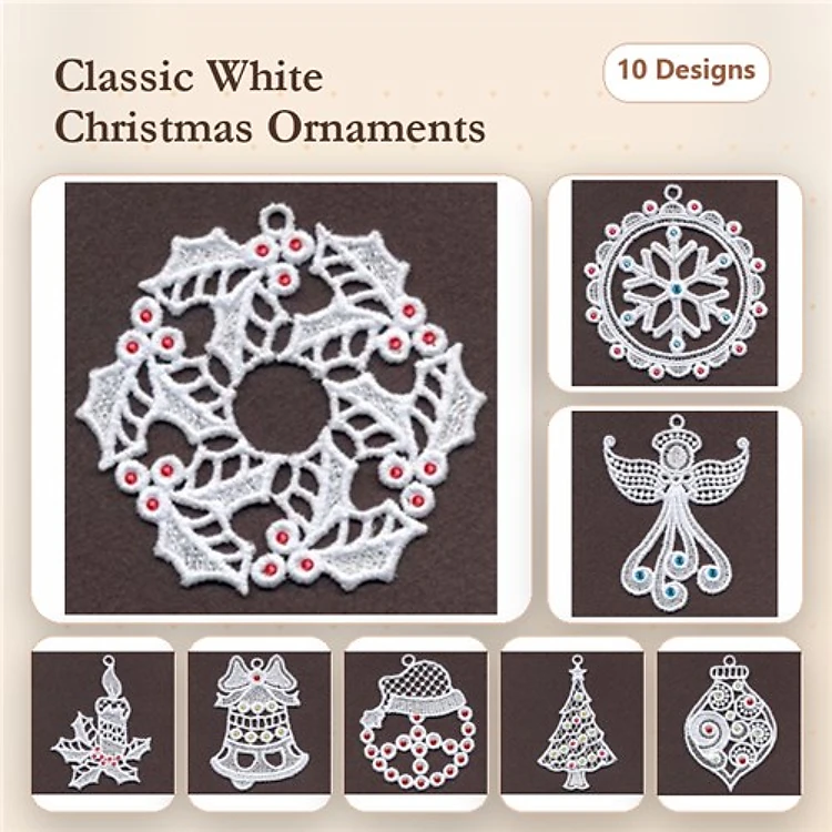 FSL Christmas Ornament Embroidery Bundle – Holly Wreath, Snowflake, Angel & More (10 Designs)