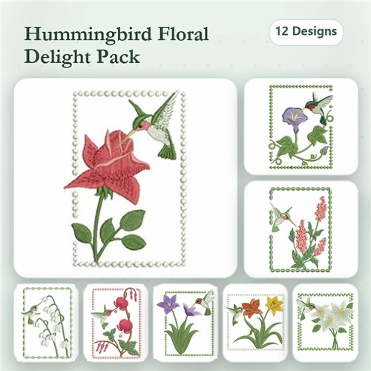 Hummingbirds and Flowers Embroidery Designs Bundle – Hummingbird and Rose, Hummingbird and Orchid, Hummingbird with Floral Arrangement & More (12 Designs)