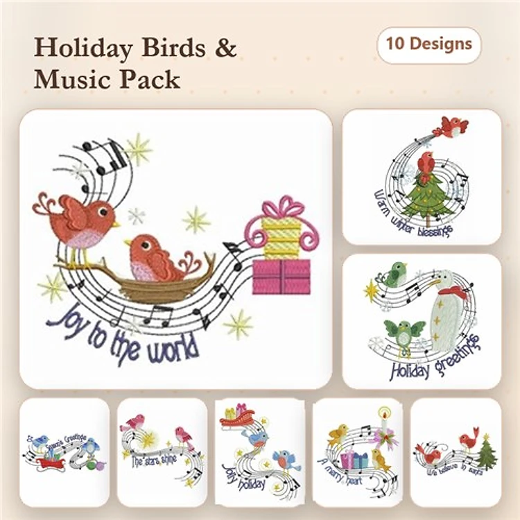 Holiday Birds & Music Embroidery Designs Bundle – Joy to the World, Birds with Gift Box, & More (10 Designs)
