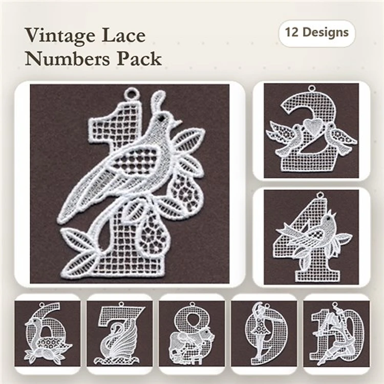 FSL Vintage Lace Numbers Embroidery Designs Bundle – Number 1 with Bird, Number 3 with Floral Design, Number 5 with Floral Design & More (12 Designs)
